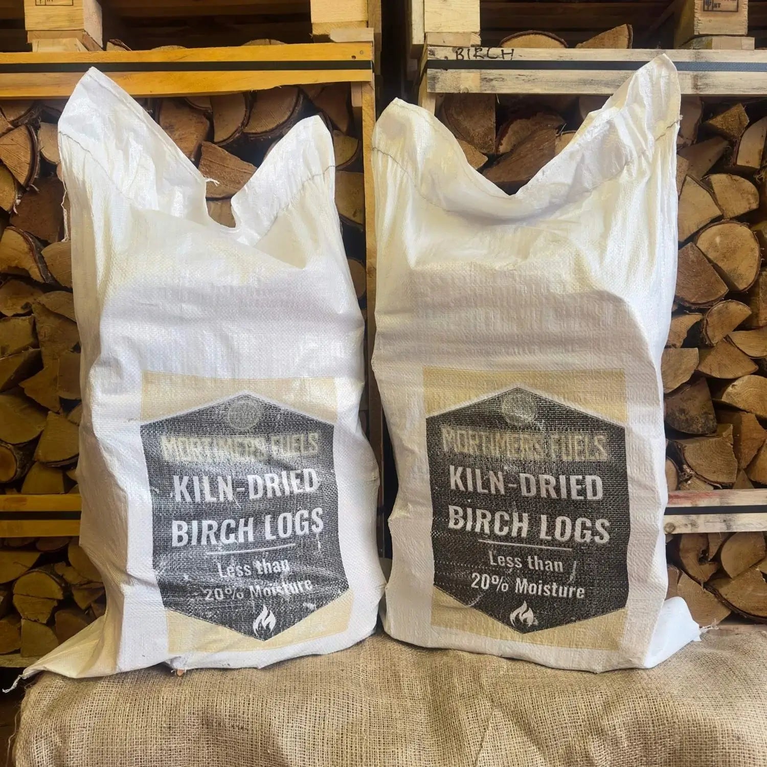 Two bags of kiln-dried birch logs with a rustic wooden background.
