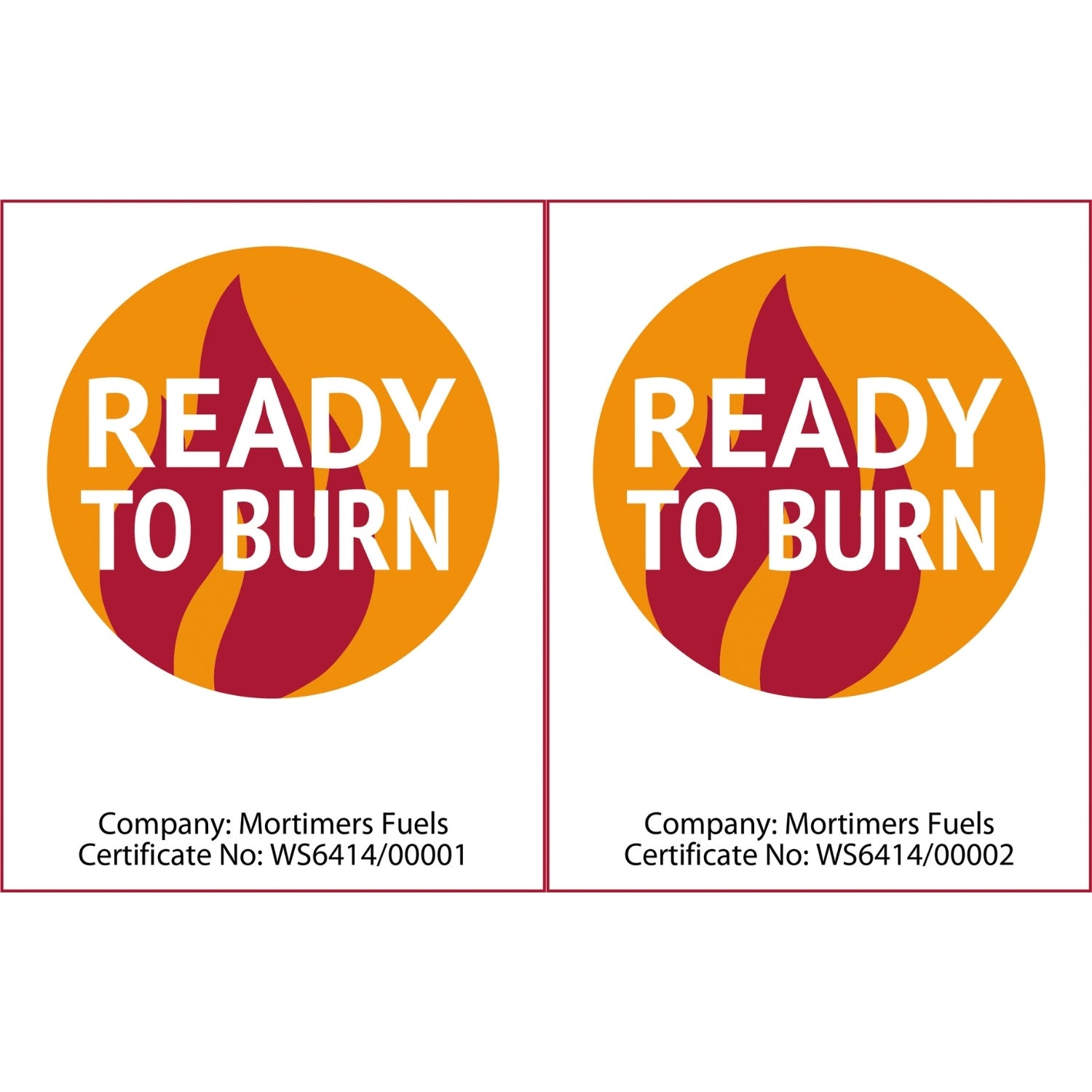 Two 'Ready to Burn' labels from Mortimers Fuels on a white background.