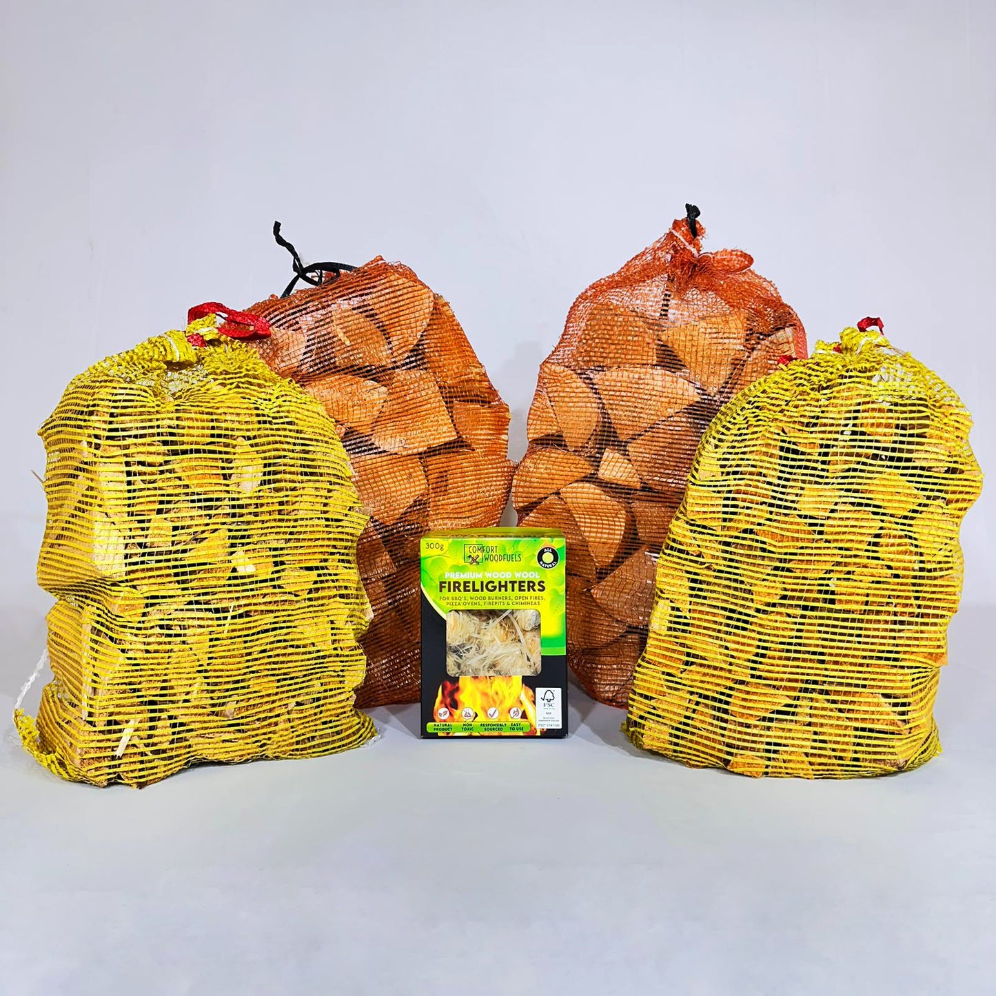 Mortimers Fuels Firepit Bundle, perfect for outdoor fires with kiln-dried firewood and kindling.