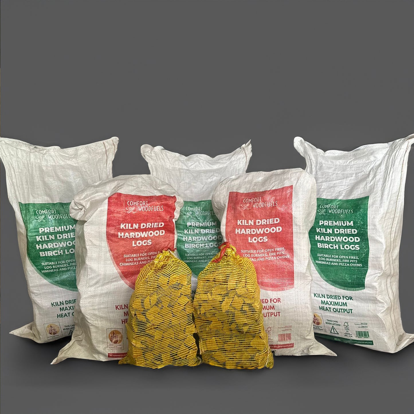 Mortimers Fuels Mega Bundle with 3 Birch Maxi Bags, 2 Alder Maxi Bags, 2 Nets of Kindling, available for delivery in Leyland.